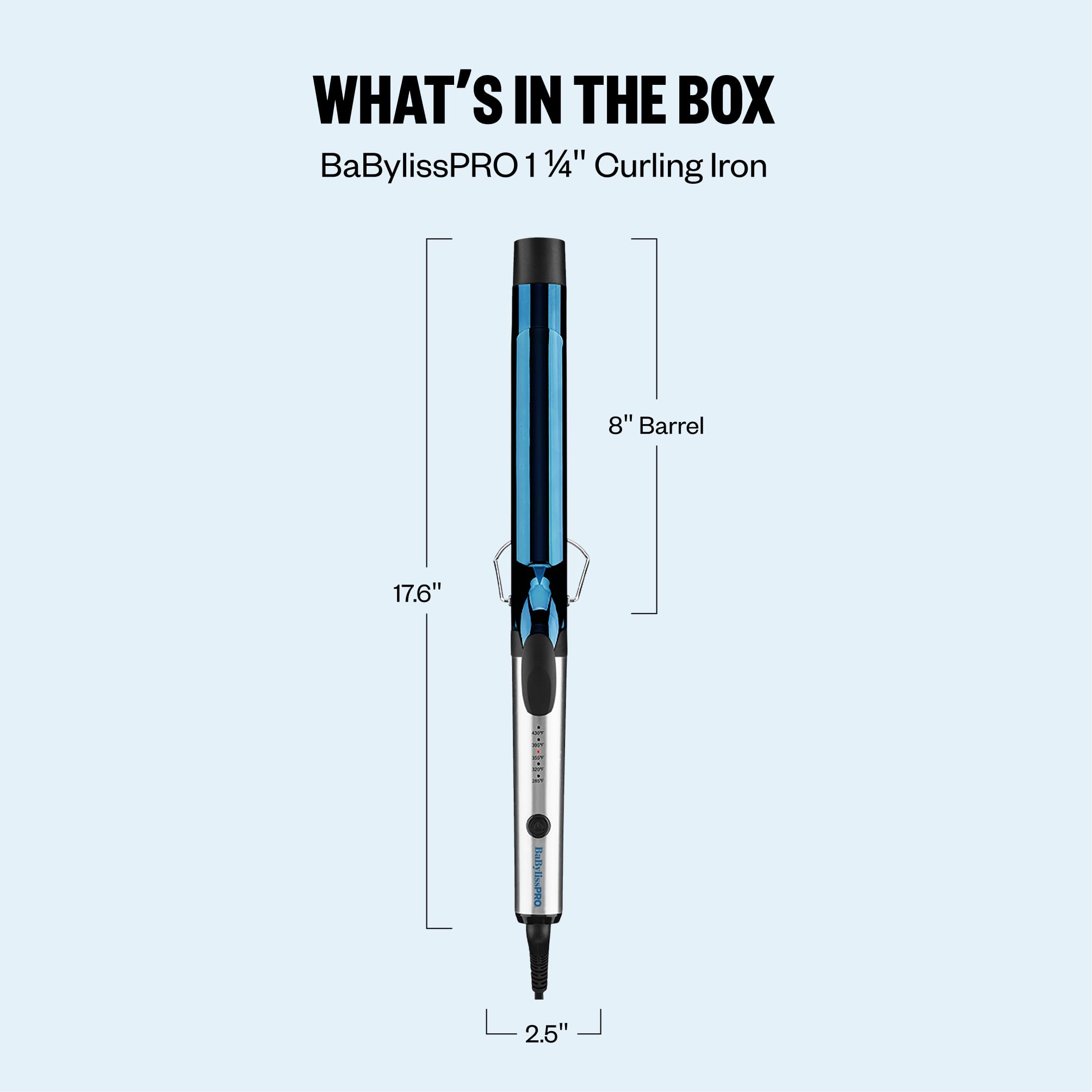BaBylissPRO size comparison showing 8-inch barrel against standard curling iron for scale
