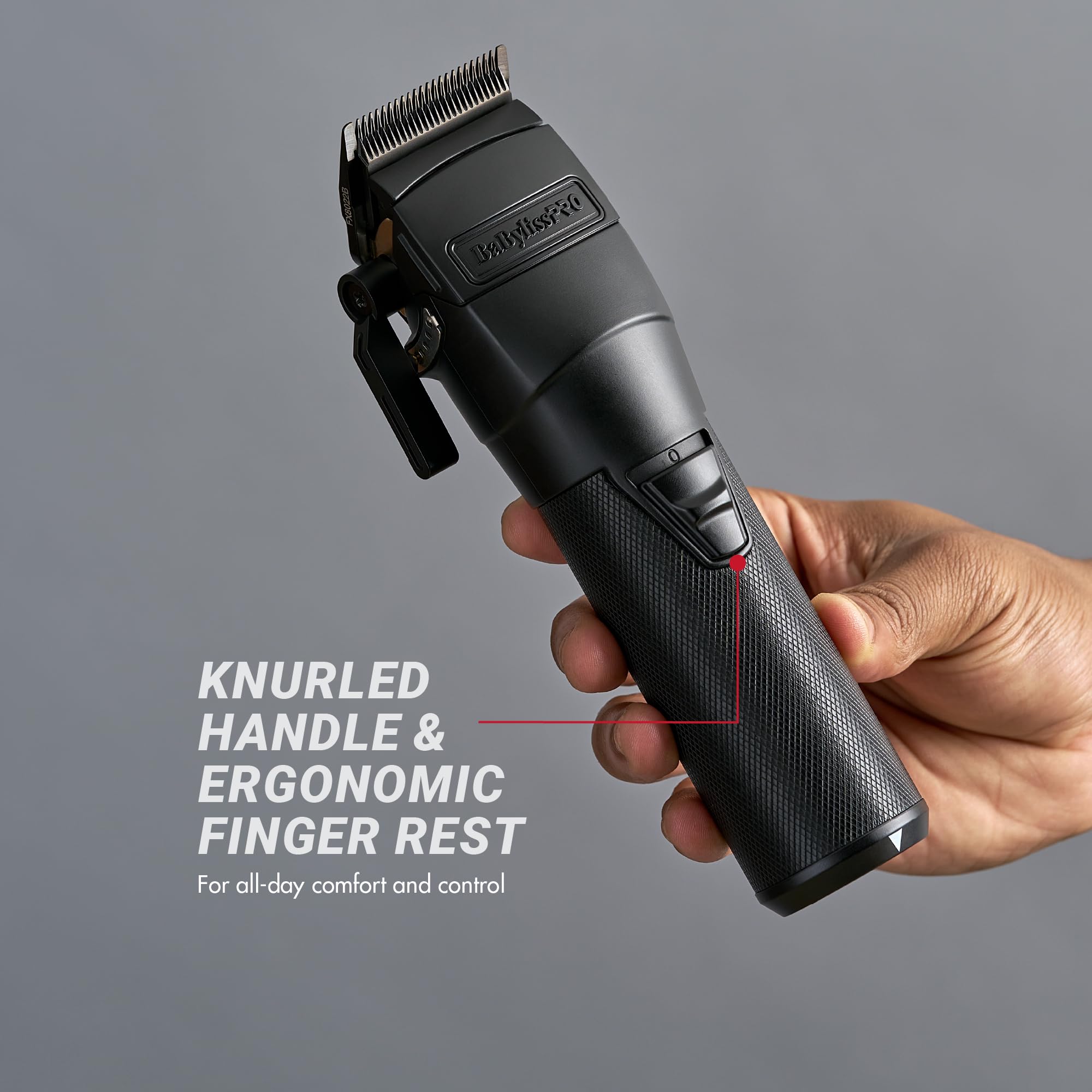 BaBylissPRO FXONE battery close-up showing quick-release and long runtime benefit