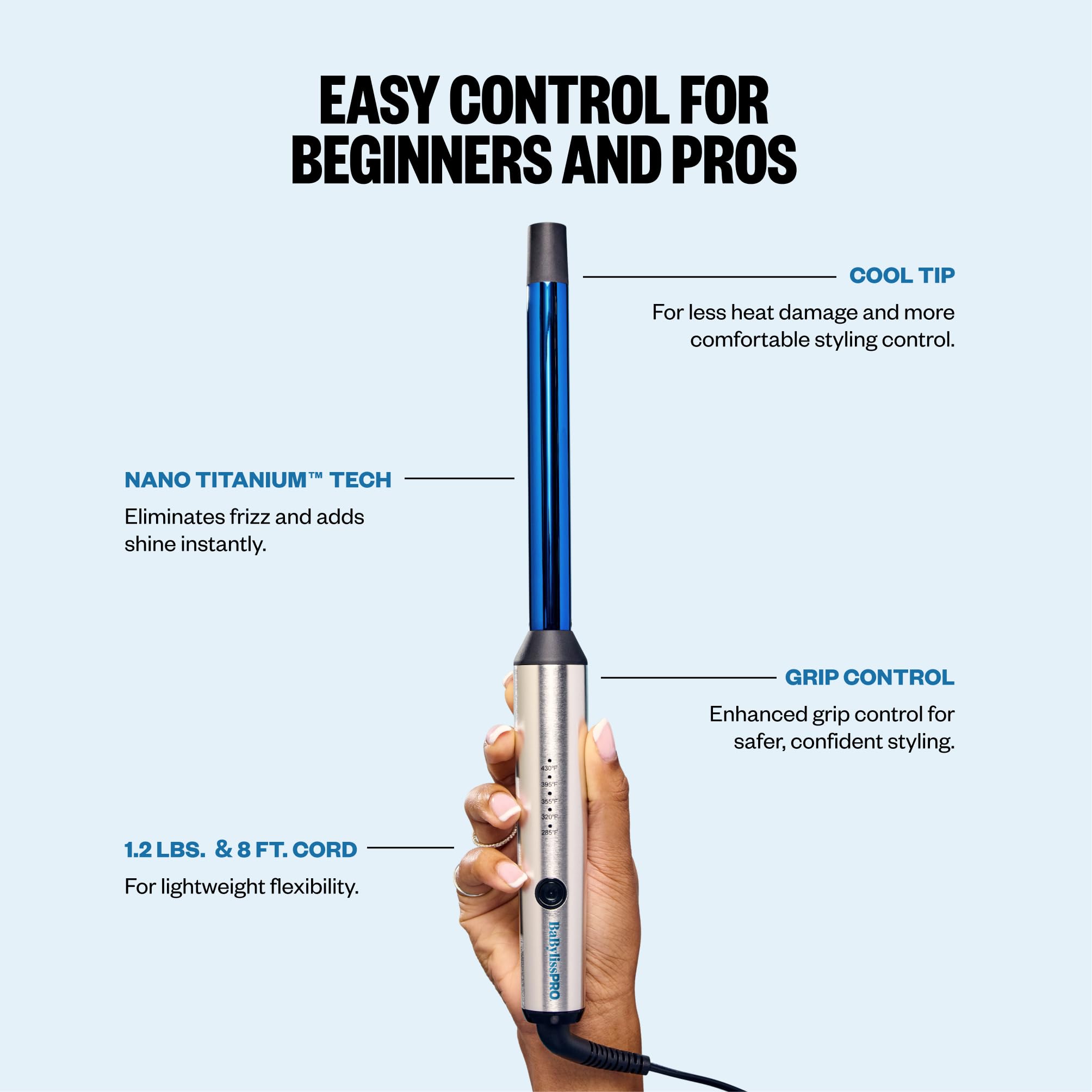 BaBylissPRO curling wand in hand styling hair to create tight, long-lasting curls