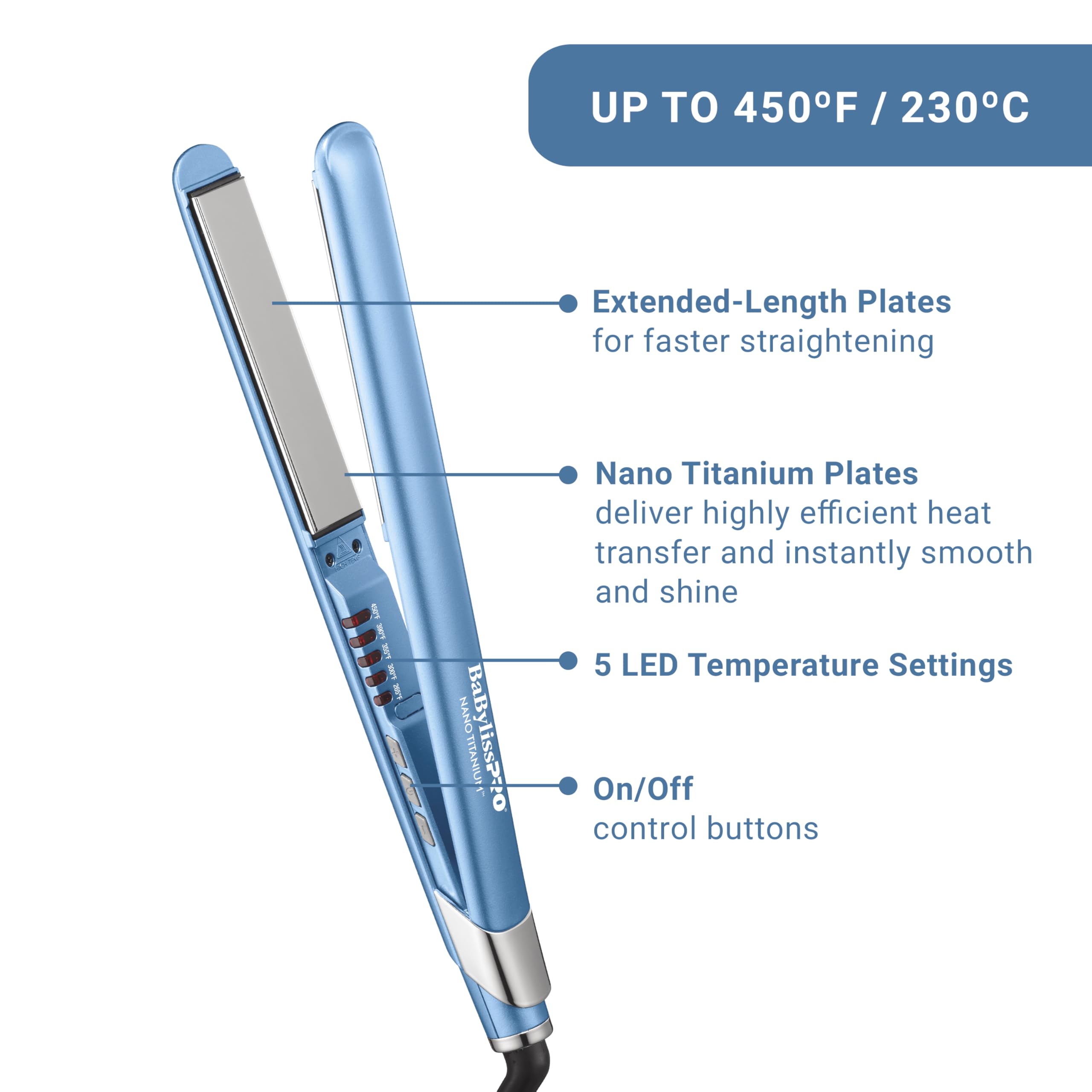 BaBylissPRO LED temperature display showing settings for controlled styling