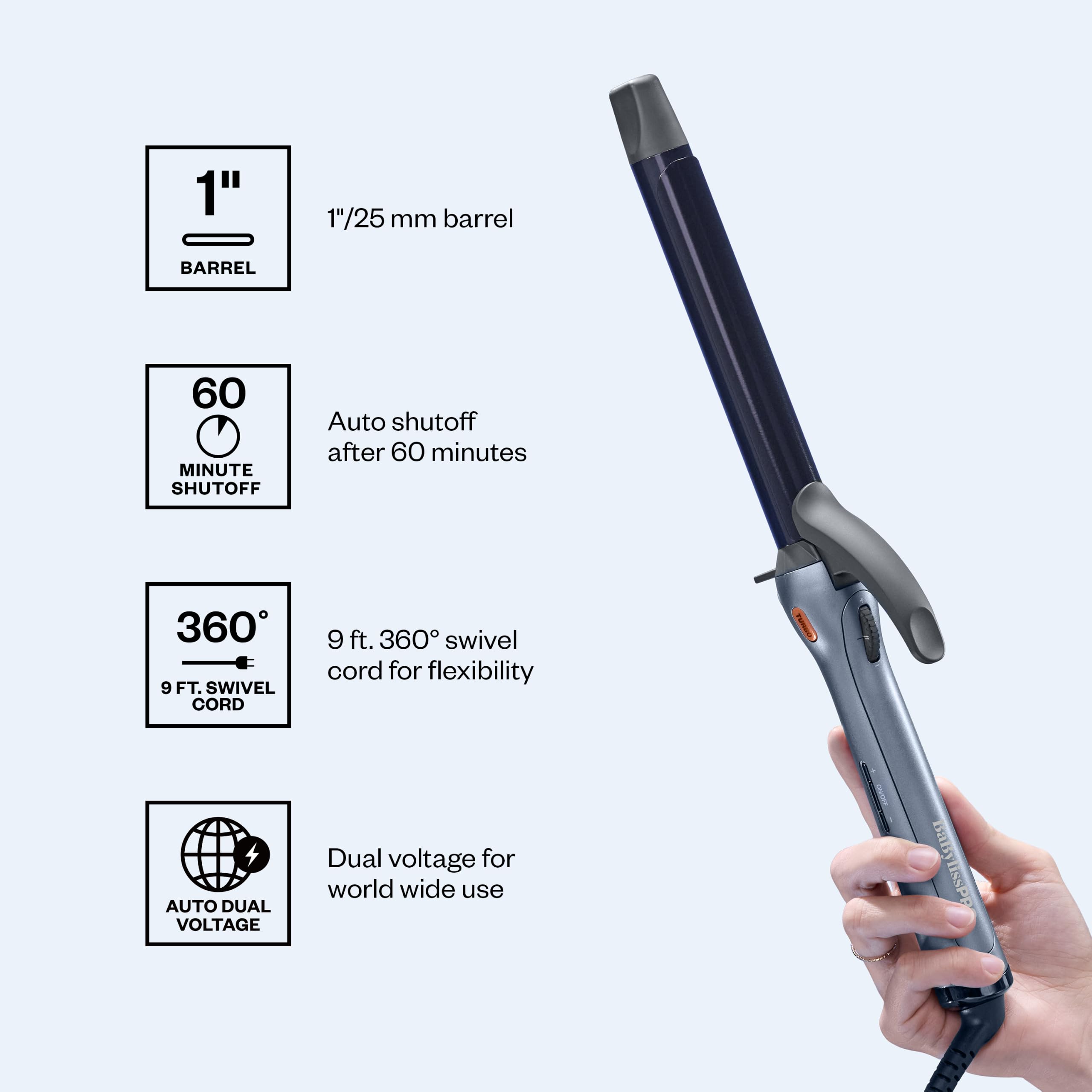 BaBylissPRO beside a hairbrush to show barrel length and scale for styling