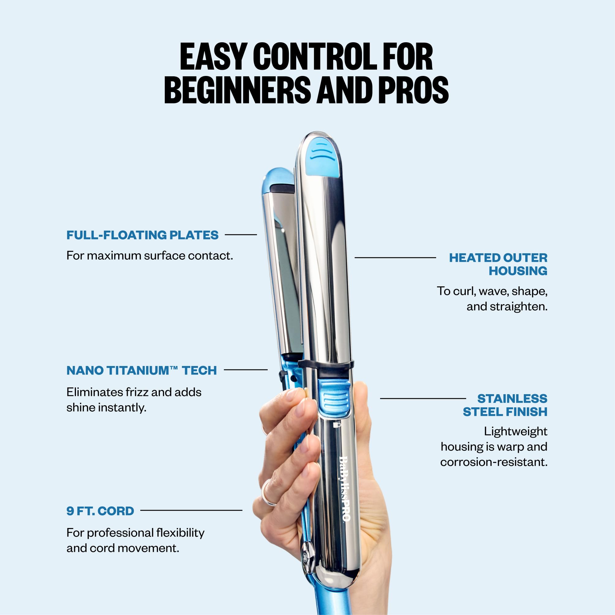 BaBylissPRO 9-foot 360-degree swivel cord and long reach for tangle-free movement