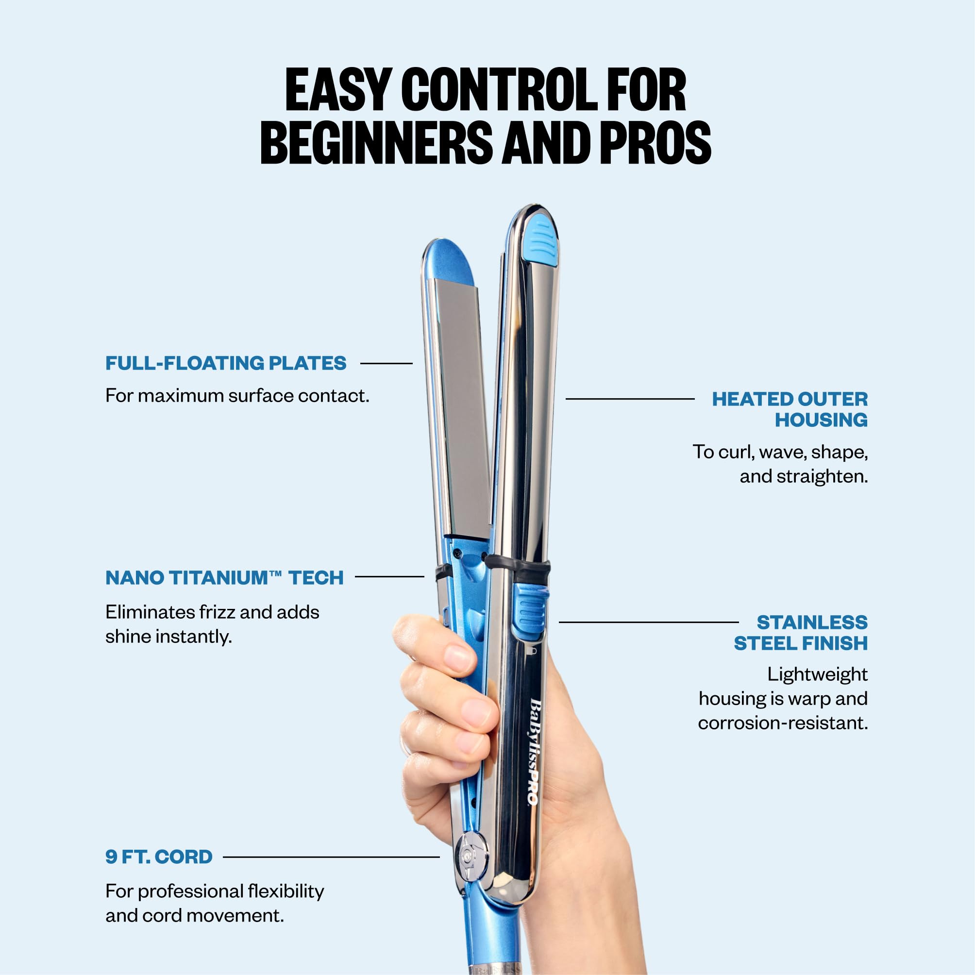 BaBylissPRO long 9-foot swivel cord and plug offering tangle-free movement and extended reach