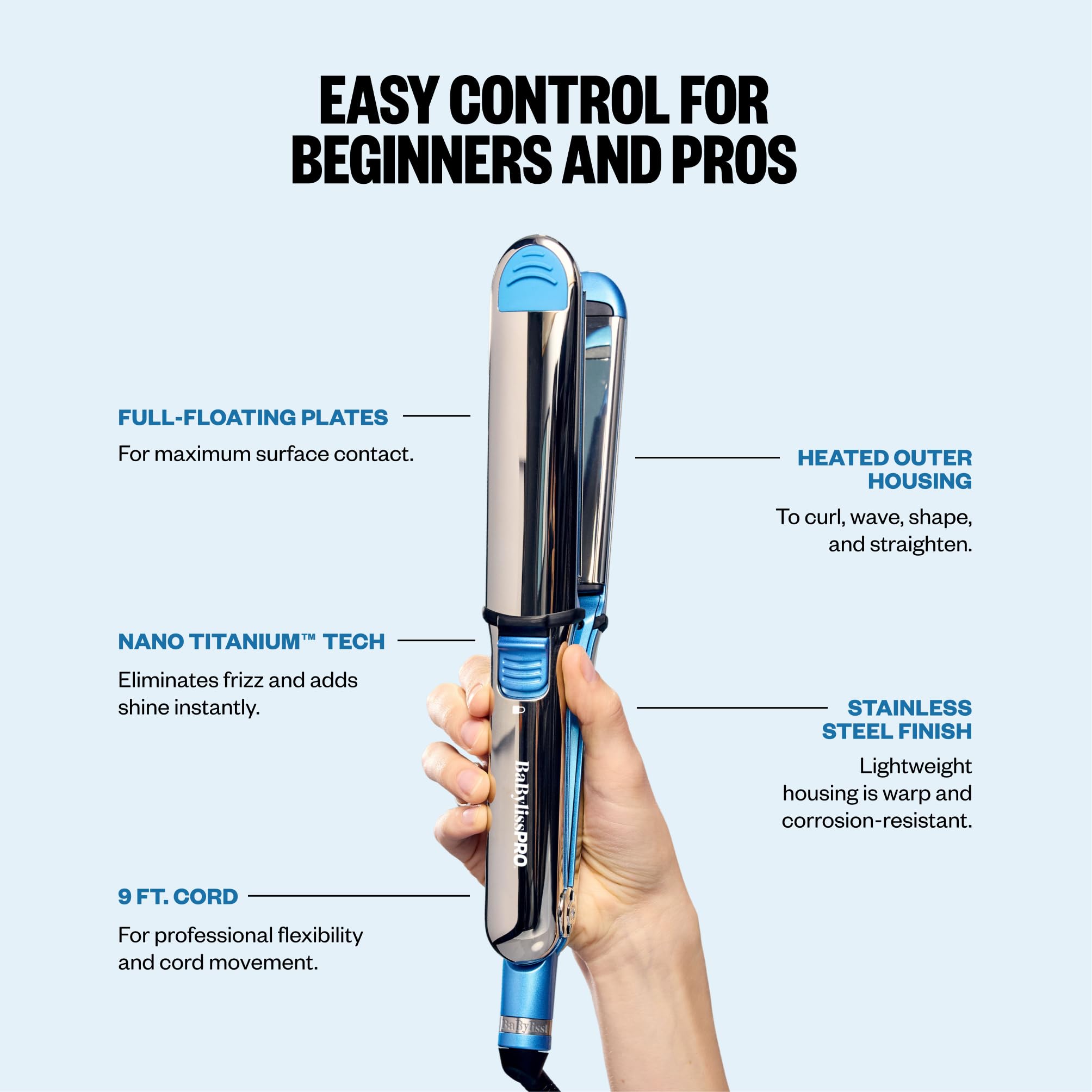 BaBylissPRO next to hairbrush to show 1.5-inch plate size for faster styling