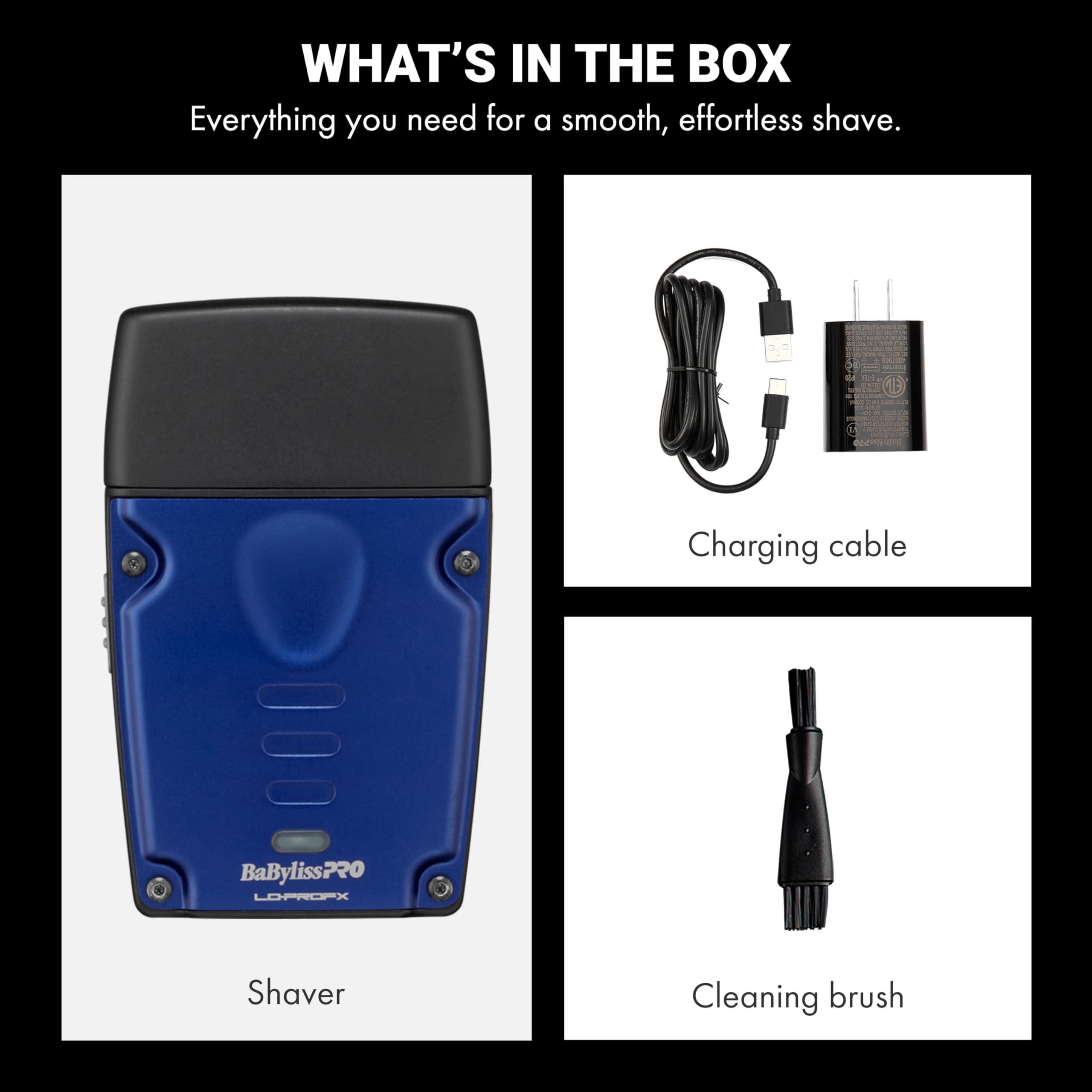 BaBylissPRO shaver and travel pouch arranged to show travel-friendly portability