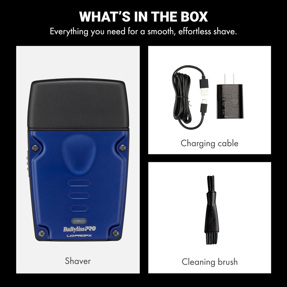 BaBylissPRO shaver and travel pouch arranged to show travel-friendly portability
