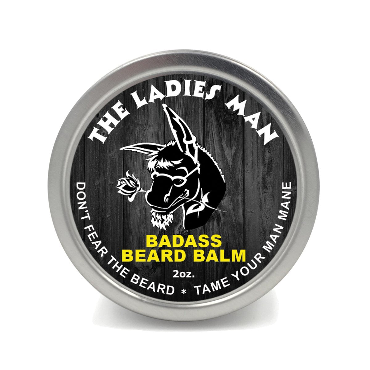 Badass Beard Care tin front view showing label and scent benefits