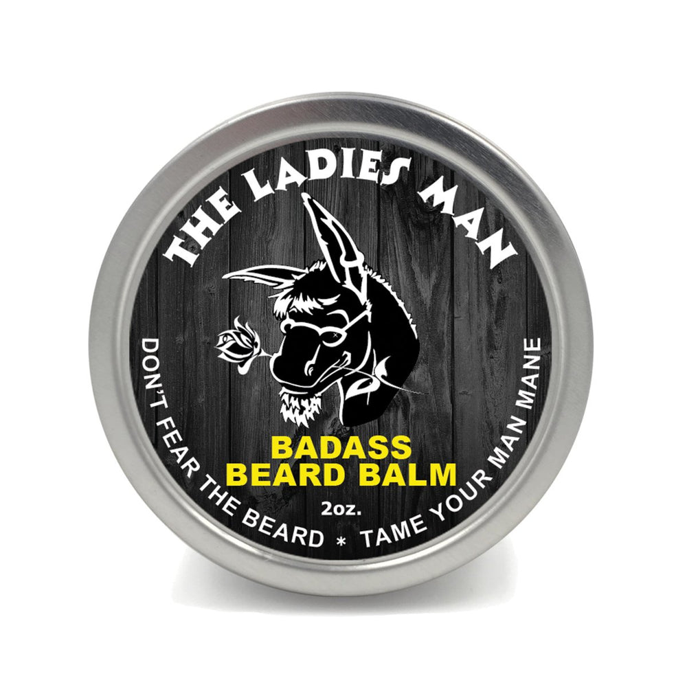 Badass Beard Care tin front view showing label and scent benefits