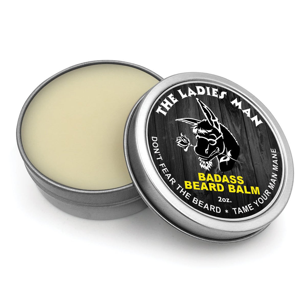 Badass Beard Care balm being applied under beard to soften and tame