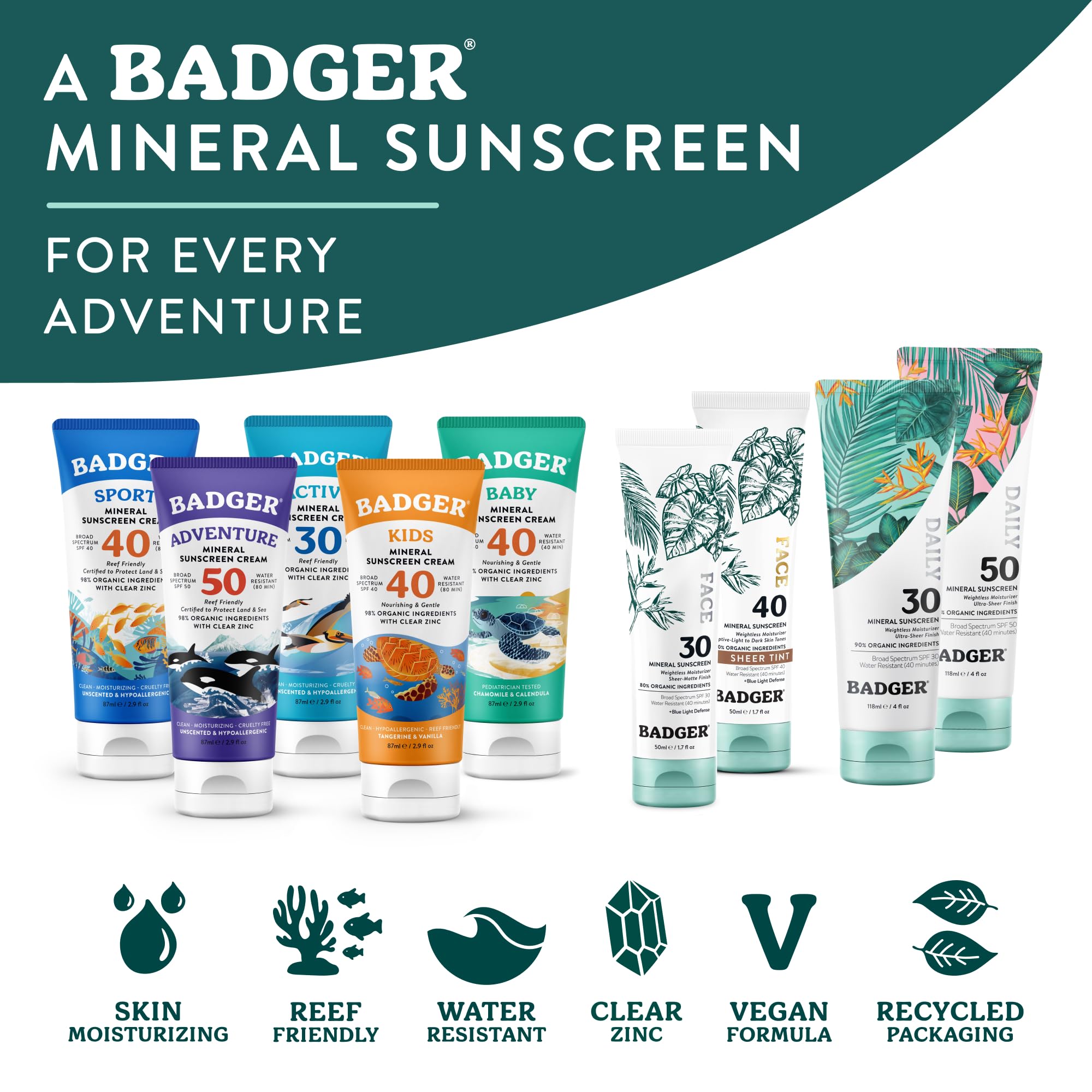 Badger applying tinted SPF with fingers, lightweight non-greasy finish benefit