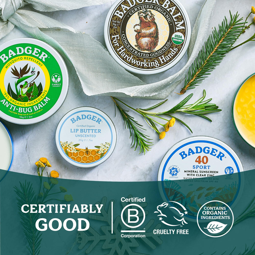 Badger tin on bathroom shelf suggesting daily unscented skin care