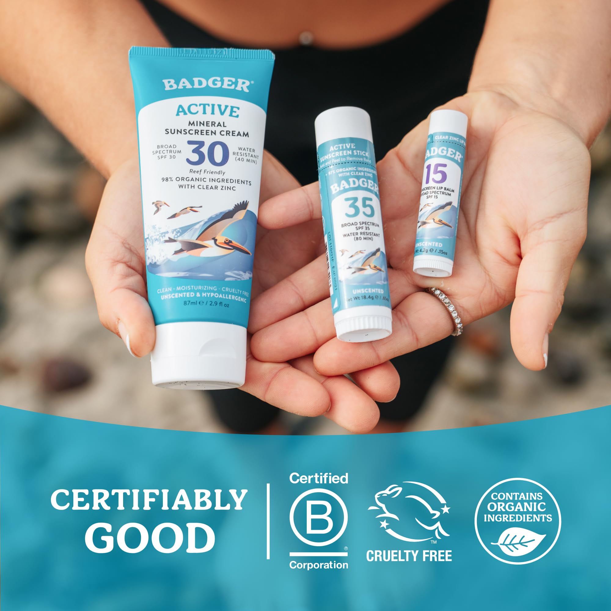 Badger beach lifestyle usage displaying reef-safe sunscreen choice