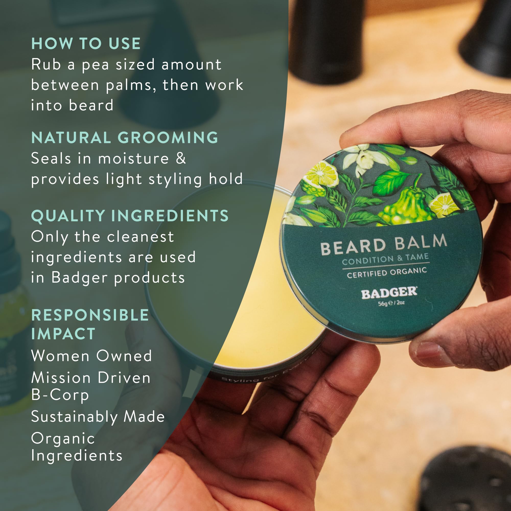 Badger oils and beeswax ingredients arranged to show natural sourcing benefit