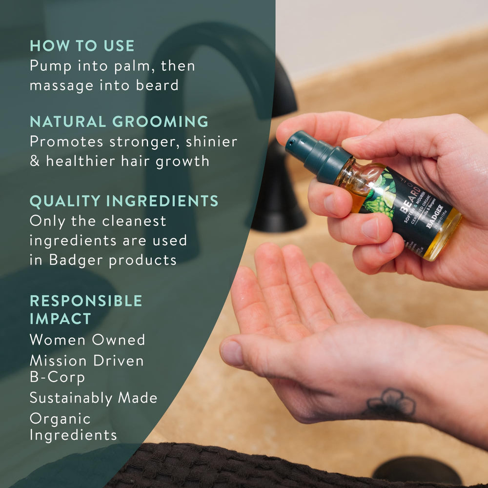 Badger bottle in hand to show 1 fl oz scale and portability for daily grooming