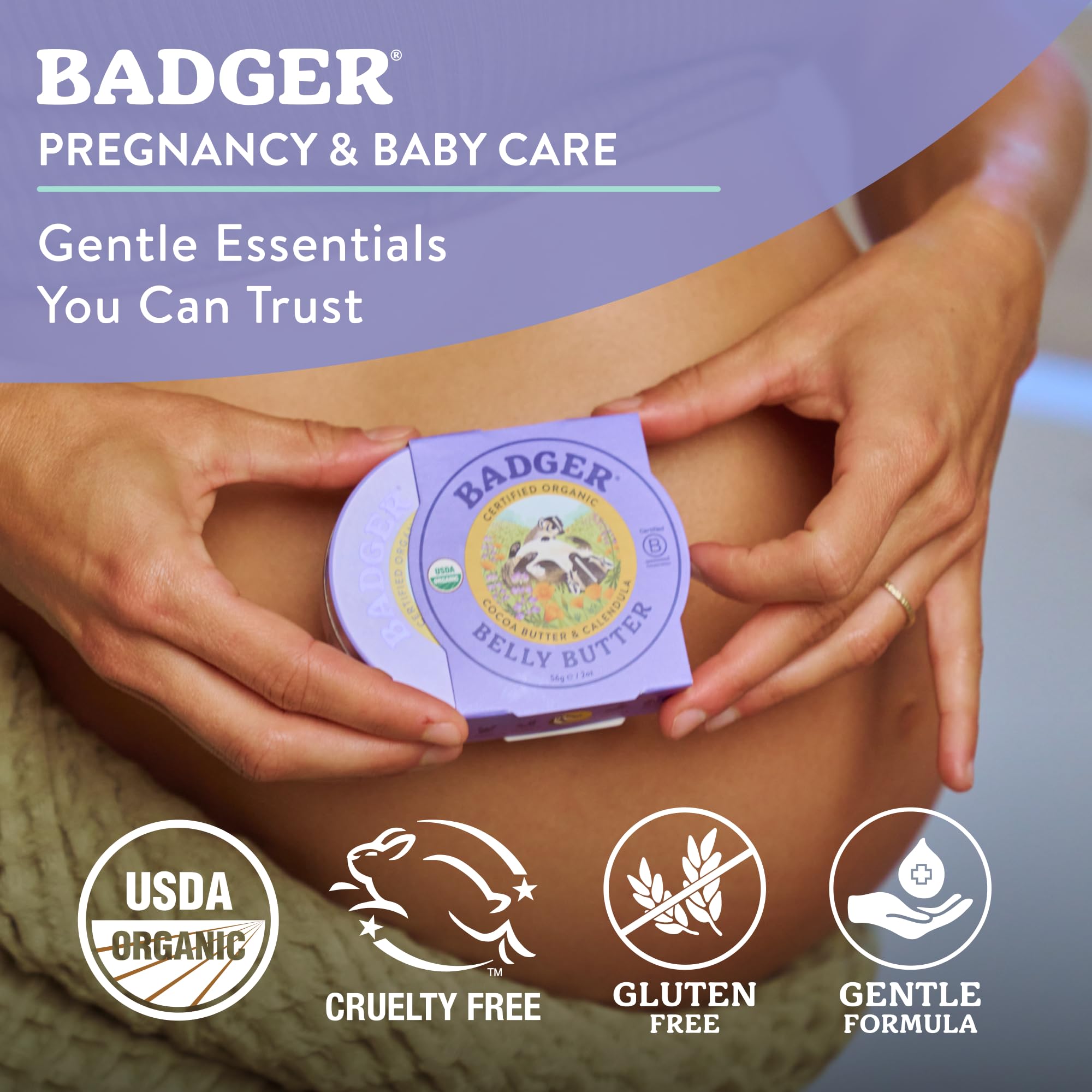 Badger belly butter applied to pregnant belly demonstrating soothing comfort