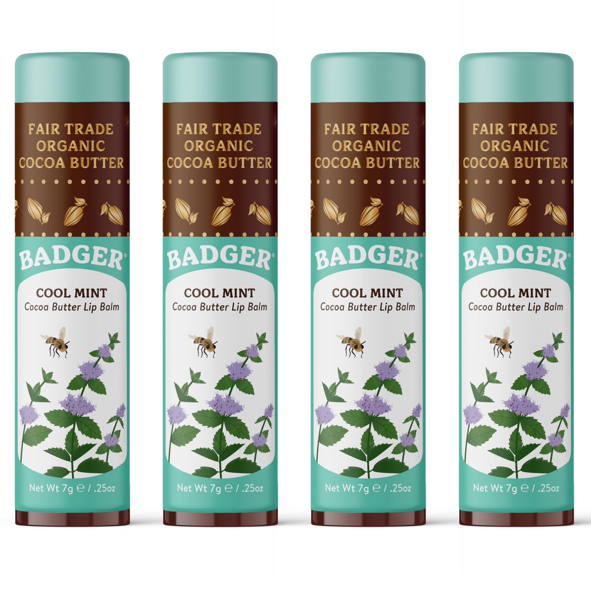 Badger front packaging showing large organic lip balm and mint cocoa butter benefit