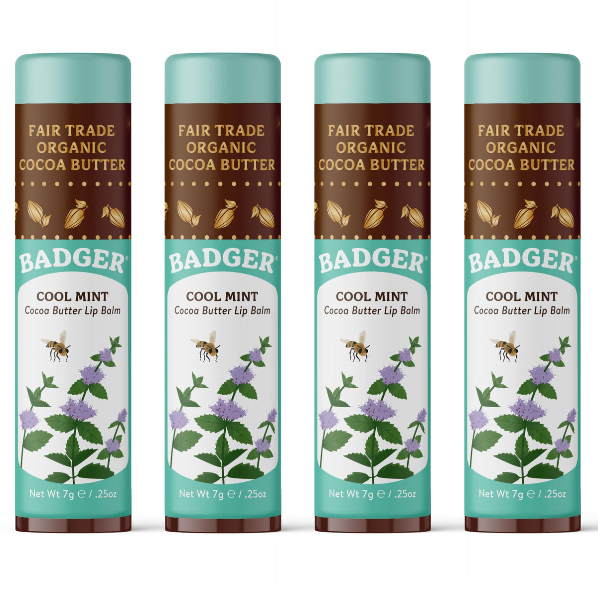 Badger front packaging showing large organic lip balm and mint cocoa butter benefit