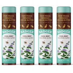 Badger front packaging showing large organic lip balm and mint cocoa butter benefit