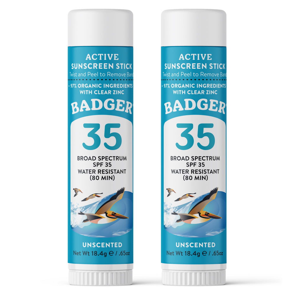Badger face stick front packaging showing SPF 35 and reef-safe benefit