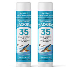 Badger face stick front packaging showing SPF 35 and reef-safe benefit