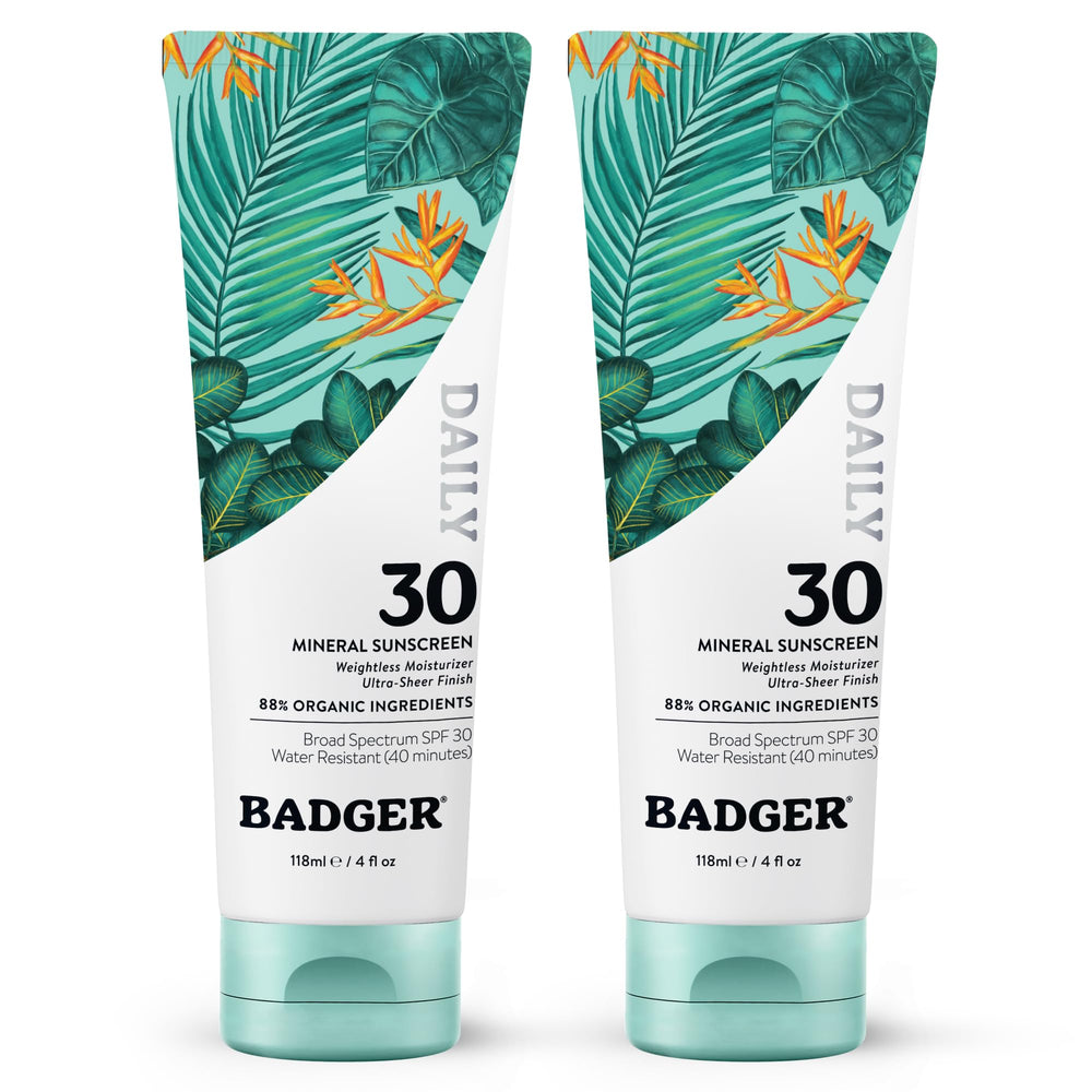Badger front packaging 2‑pack showing SPF 30 protection and value
