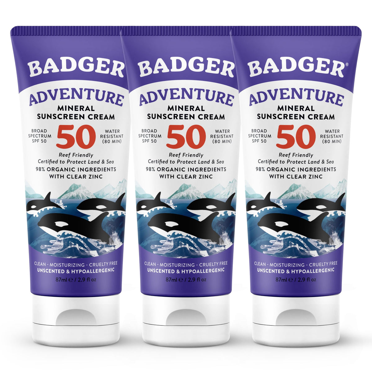 Badger front packaging showing SPF 50 label and benefits