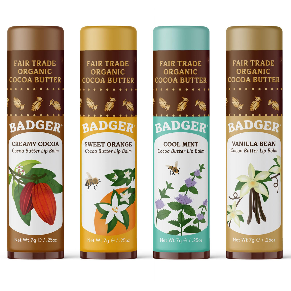 Badger front packaging showing the four organic cocoa butter lip balms and variety benefit