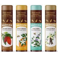 Badger front packaging showing the four organic cocoa butter lip balms and variety benefit