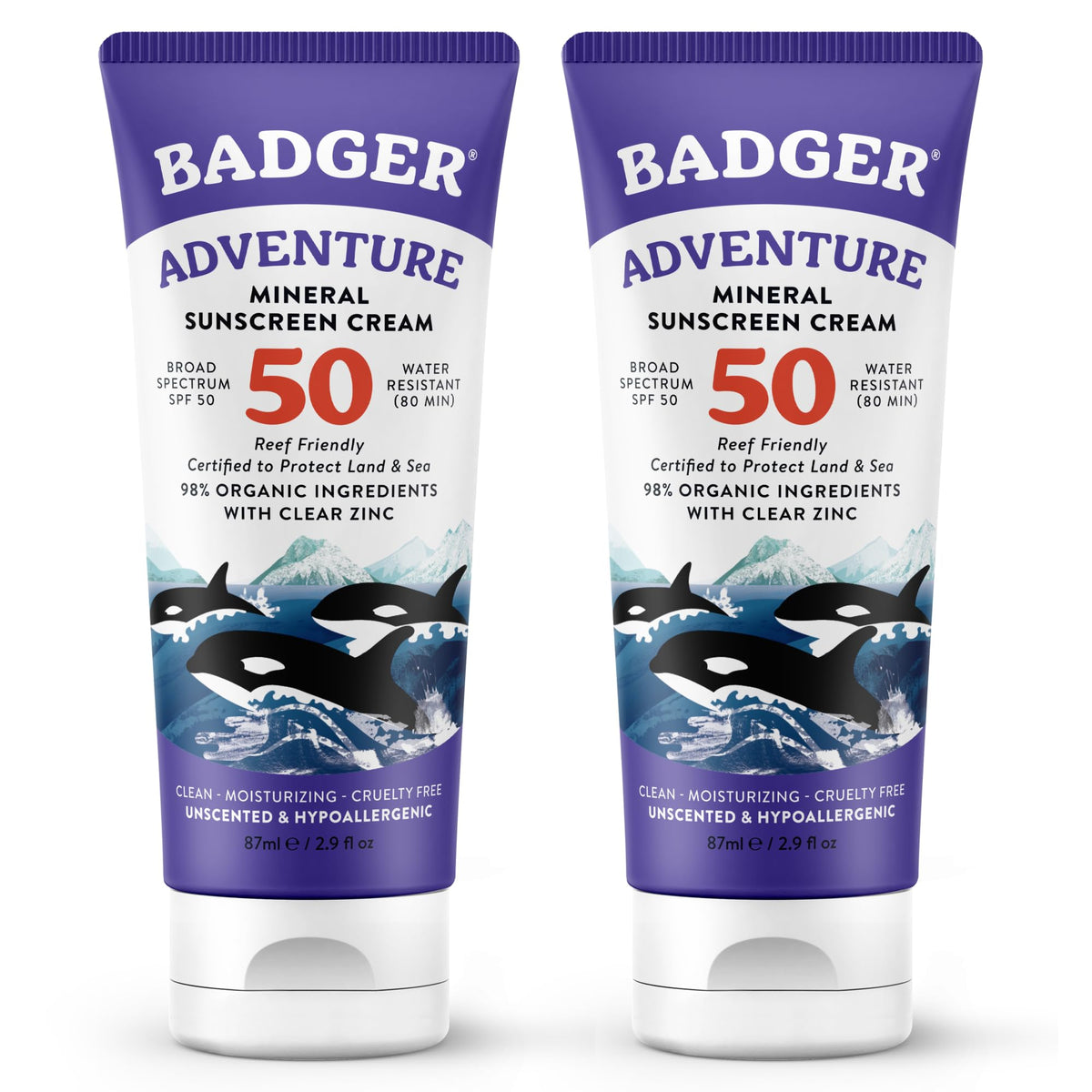 Badger front tube packaging showing SPF 50 and travel-friendly size benefit