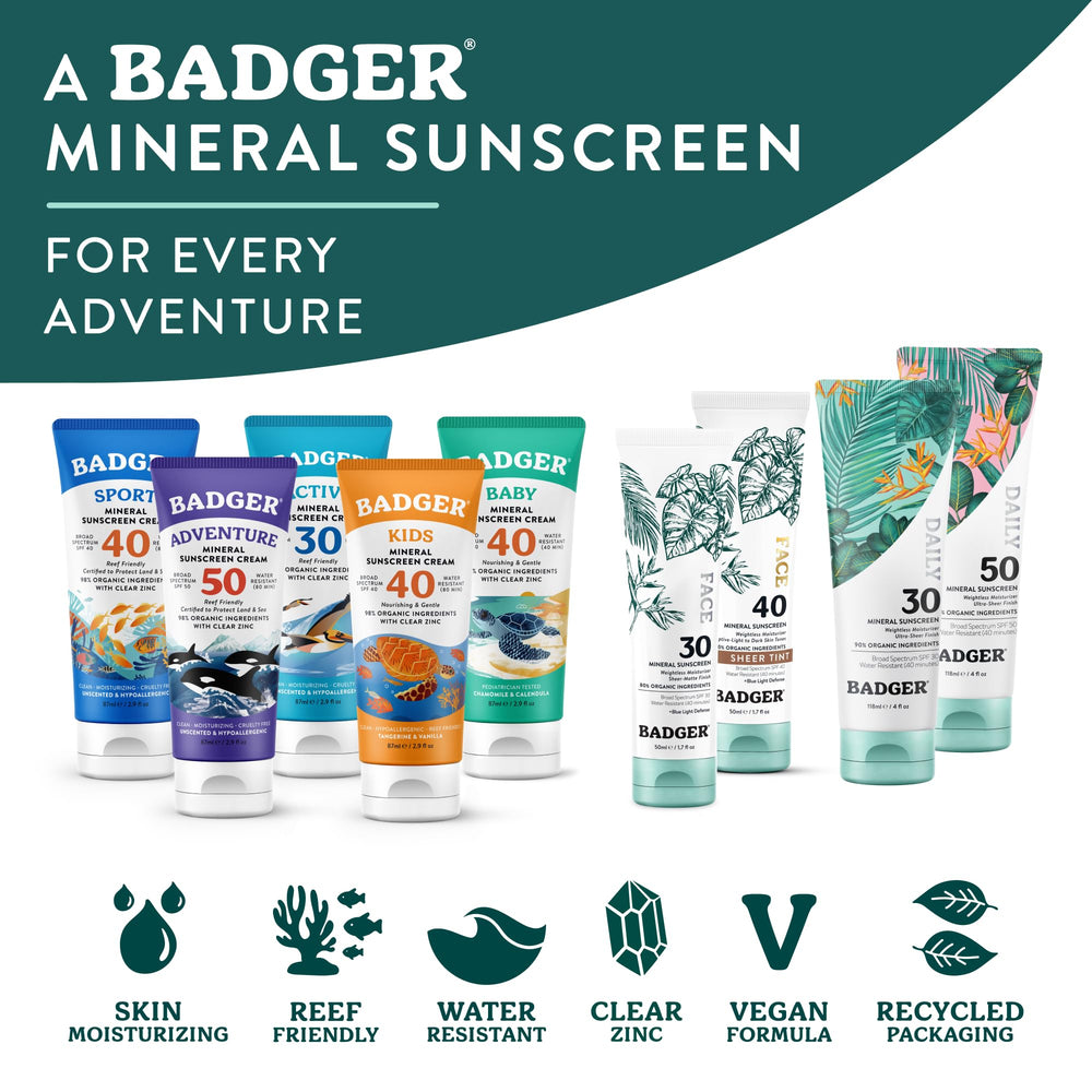 Badger ingredient label highlighting zinc oxide and minimal, organic ingredients benefit