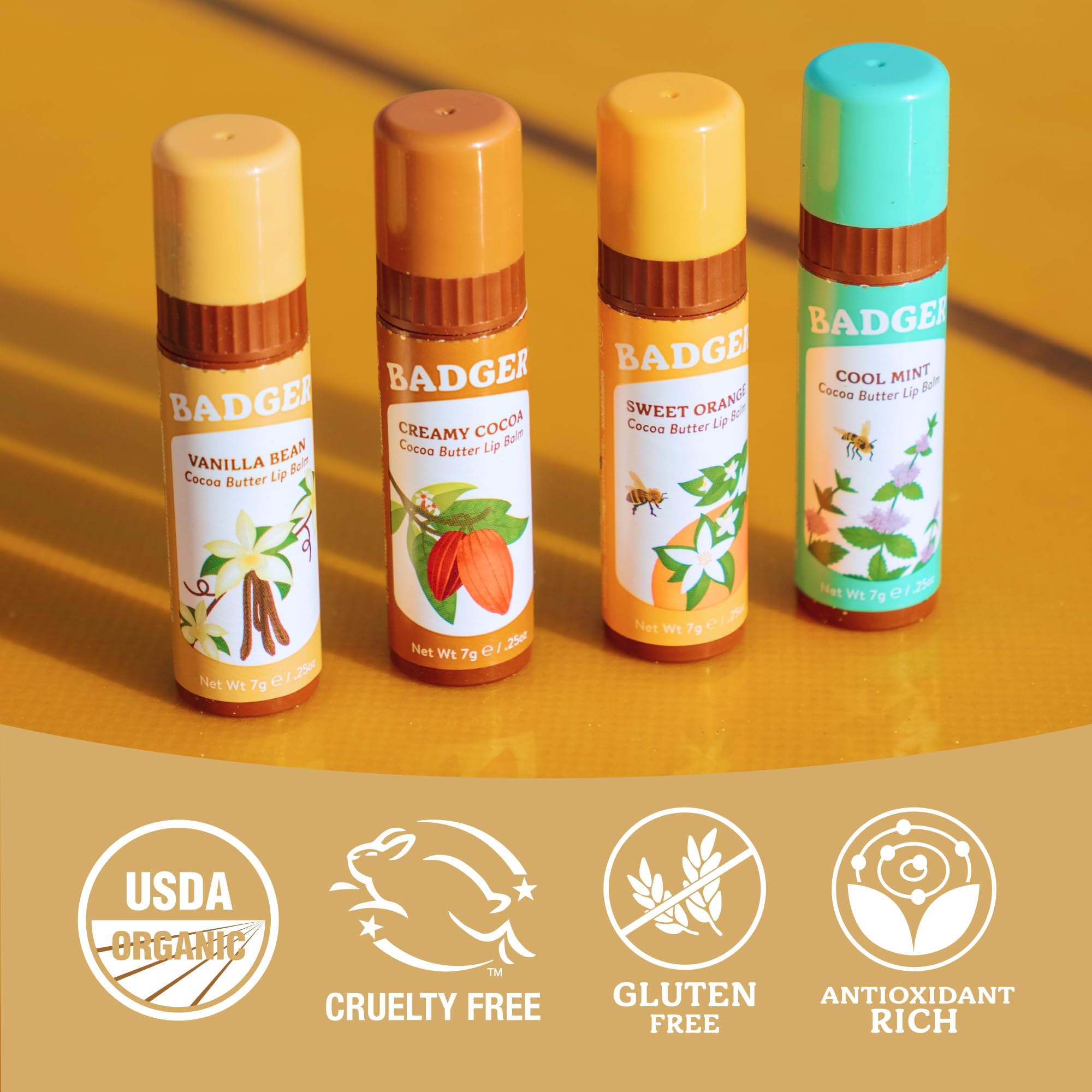 Badger ingredients display with cocoa butter and olive oil for nourishing moisture