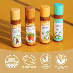Badger ingredients display with cocoa butter and olive oil for nourishing moisture