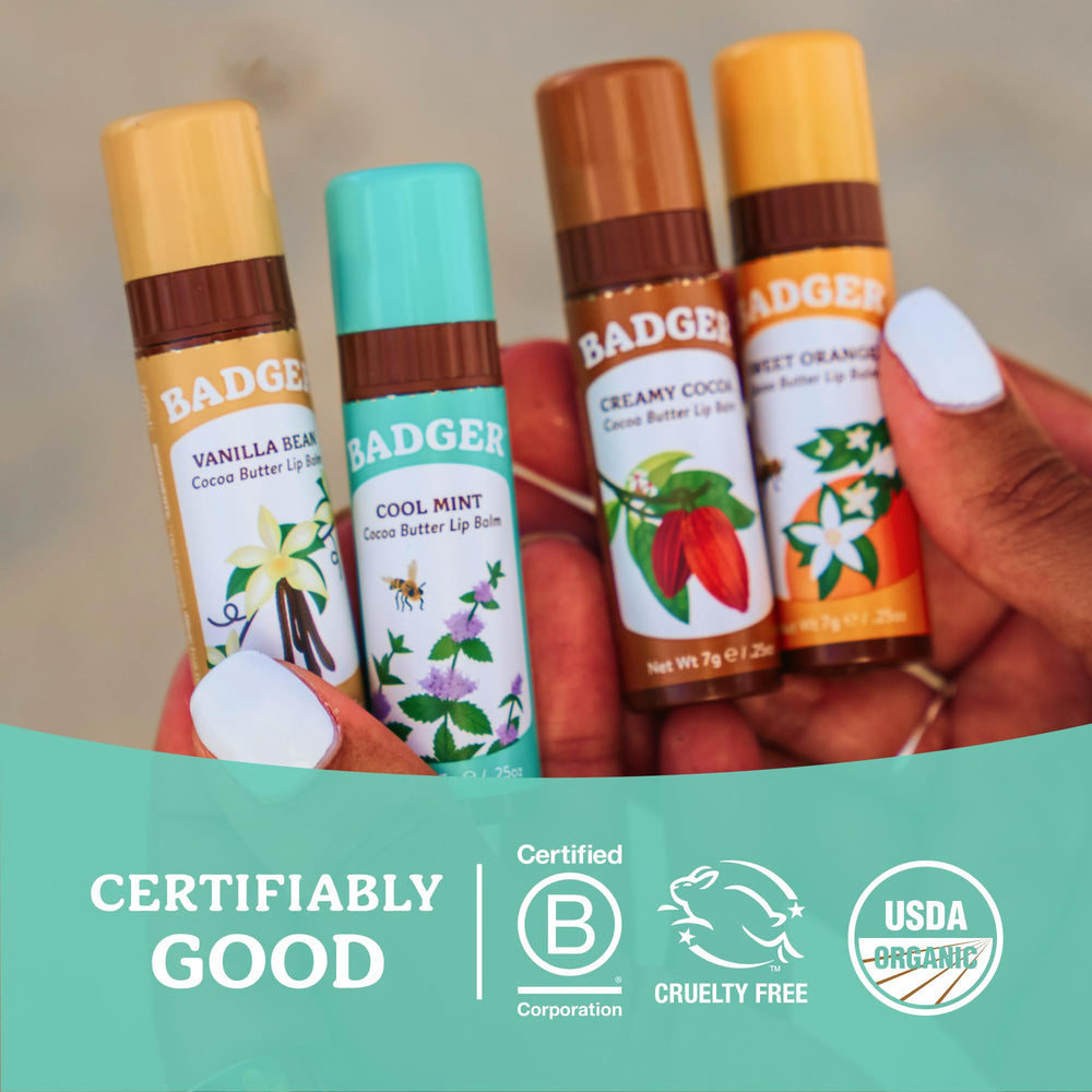 Badger lip balm used outdoors in winter to show protective moisturizing benefit
