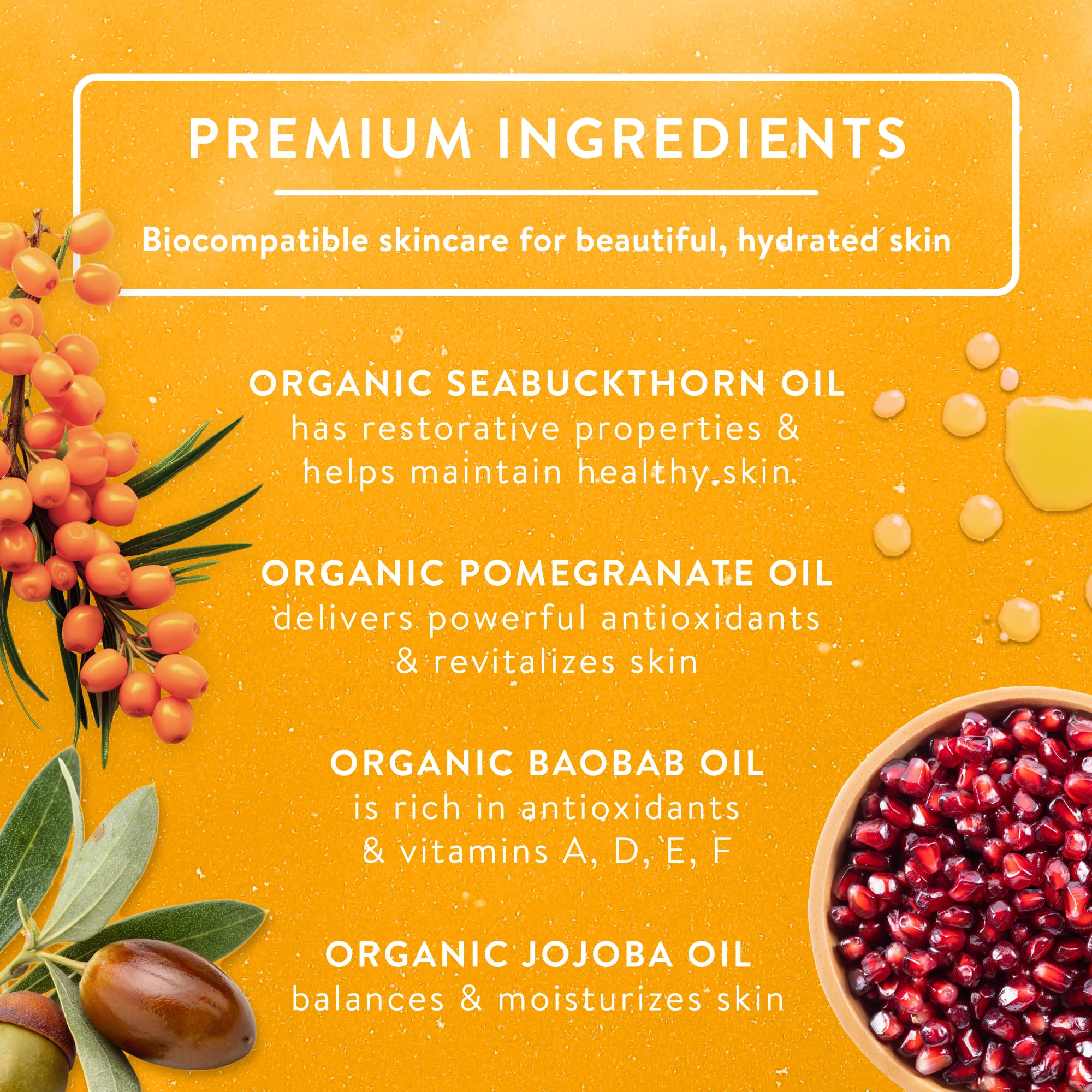 Badger organic ingredient lineup with seabuckthorn and plant oils highlighting purity