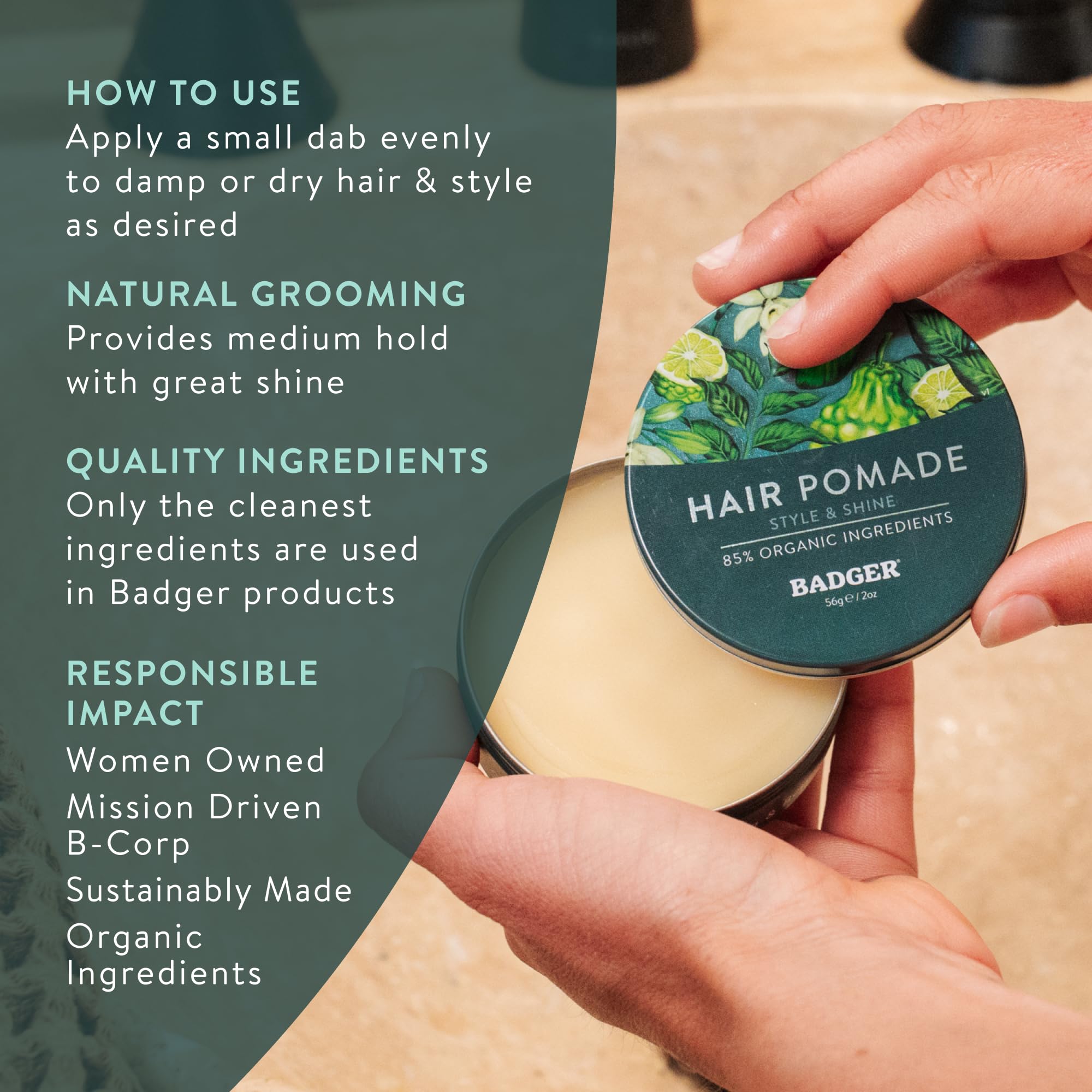 Badger pomade being applied to short hair showing styling control and natural shine