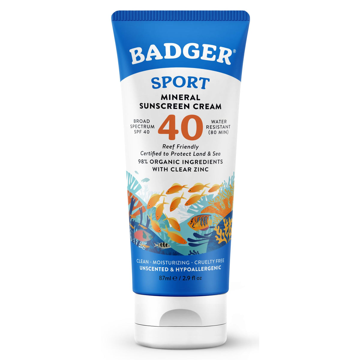 Badger sport tube front view showing SPF 40 protection and branding