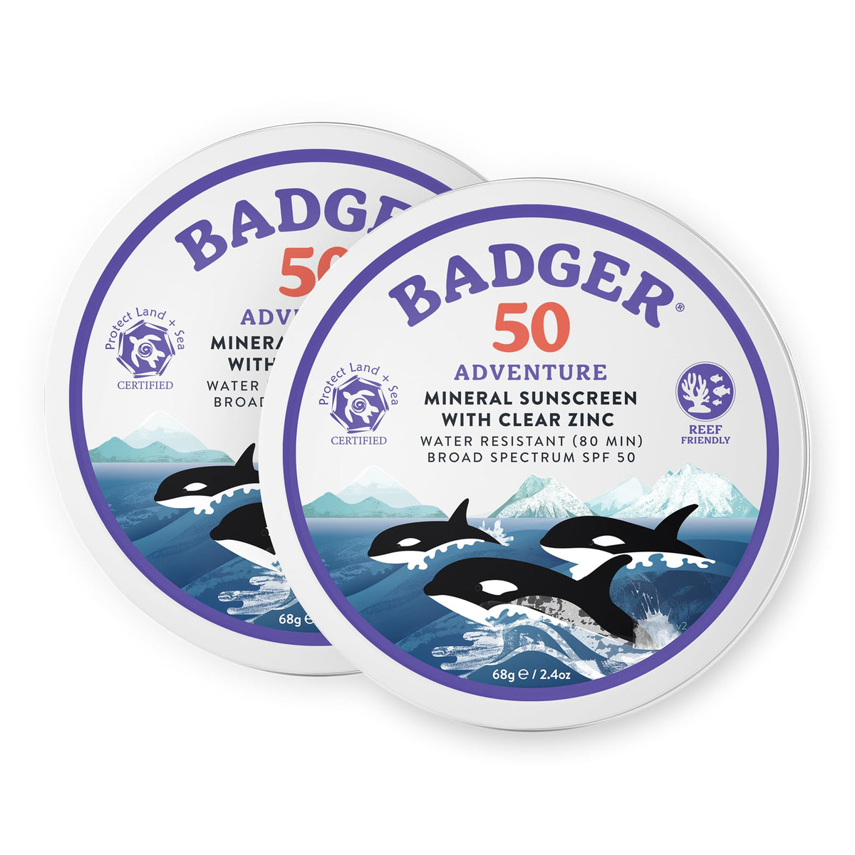 Badger tin front view showing SPF 50 label and travel-ready design