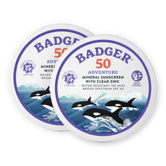 Badger tin front view showing SPF 50 label and travel-ready design
