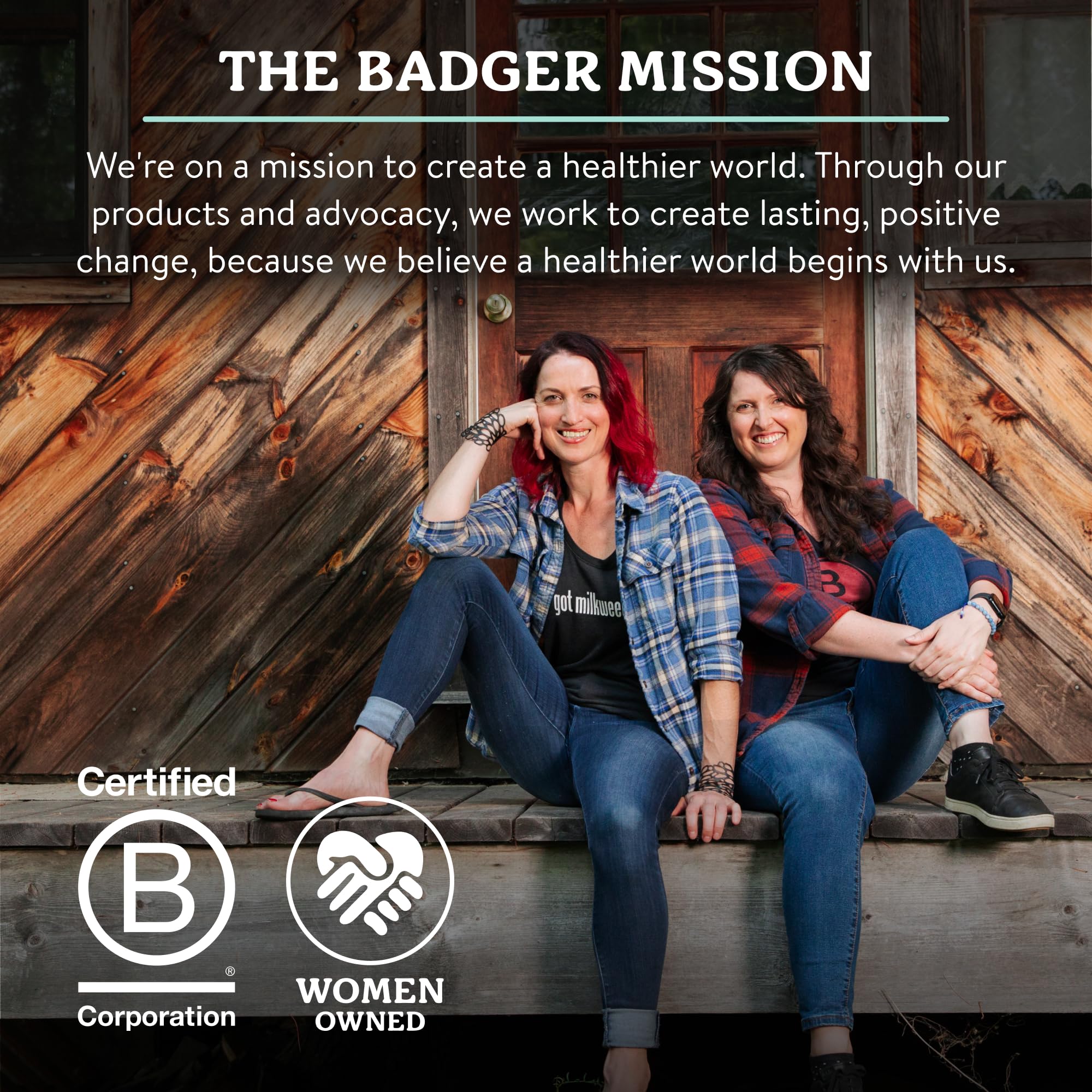 Badger sustainability badge close-up showing solar-powered, women-owned business benefit