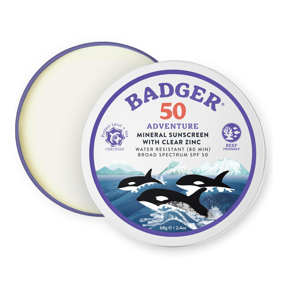 Badger tin front packaging showing SPF 50 protection and compact design