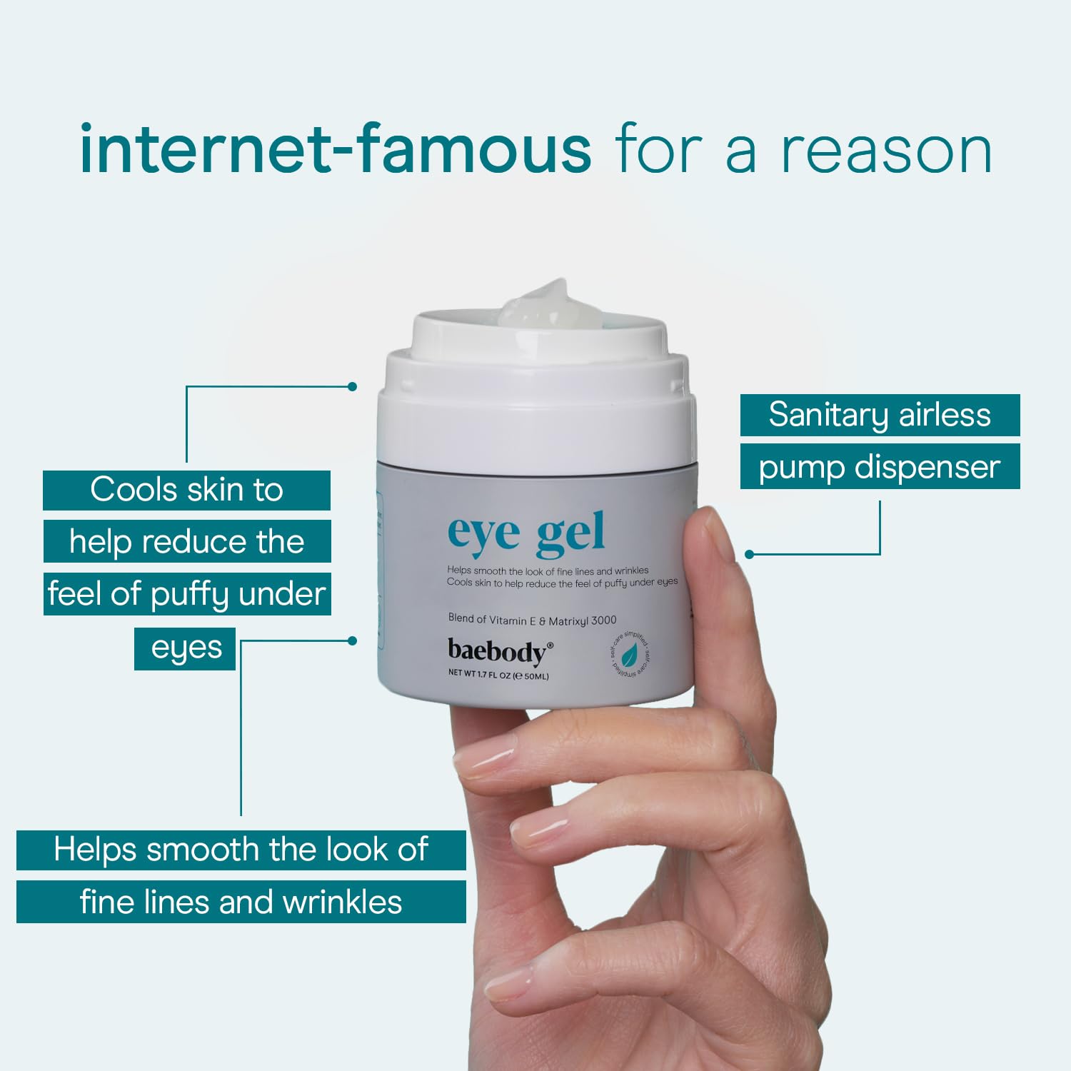 Baebody application demo patting gel around the under-eye for de-puffing