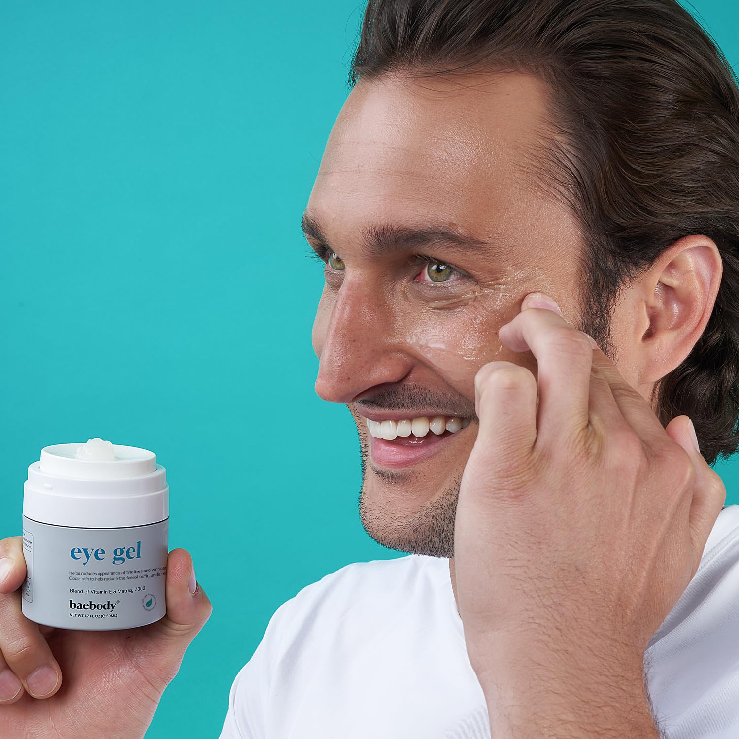 Baebody staged before and after to illustrate a more rested appearance