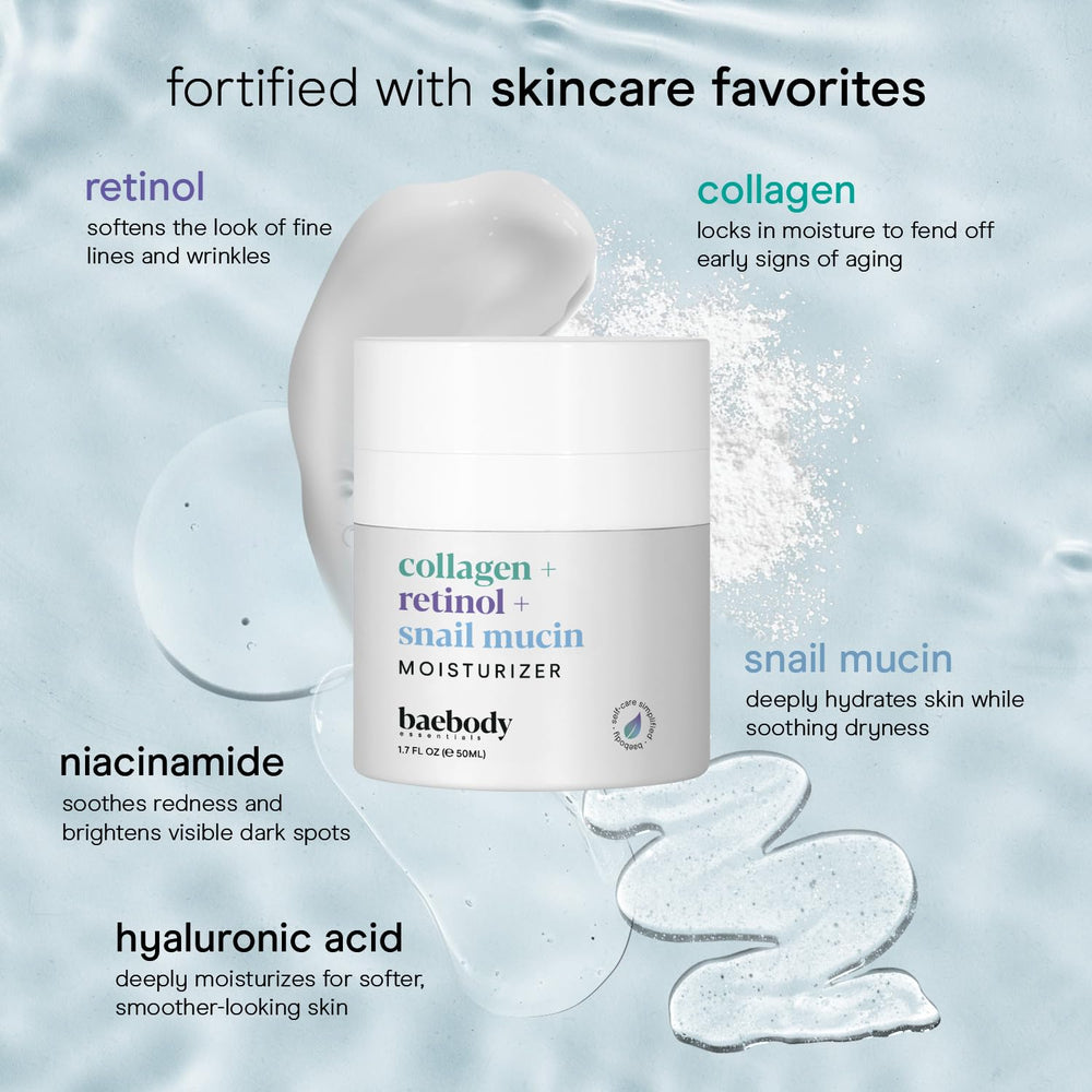Baebody ingredient display with snail mucin and collagen for skin support