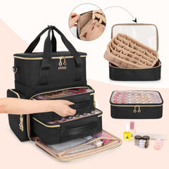 BAFASO open case with two removable trays holding many polish bottles for organized access