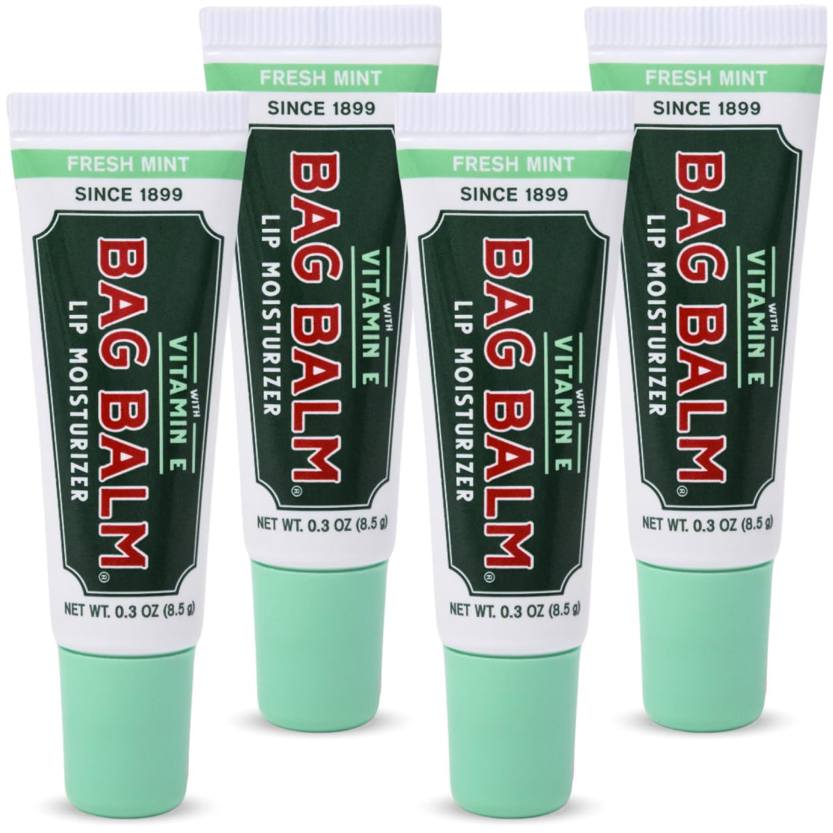 Bag Balm front view of fresh mint four-pack showing compact tubes and branding for easy carrying