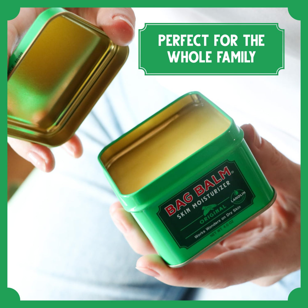 Bag Balm tin on bathroom shelf suggesting daily care and routine use