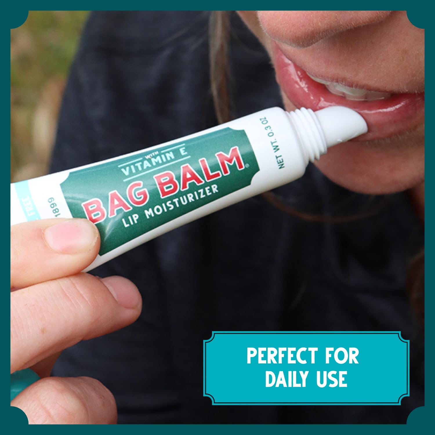 Bag Balm next to credit card showing 0.3 oz size and pocket-friendly benefit