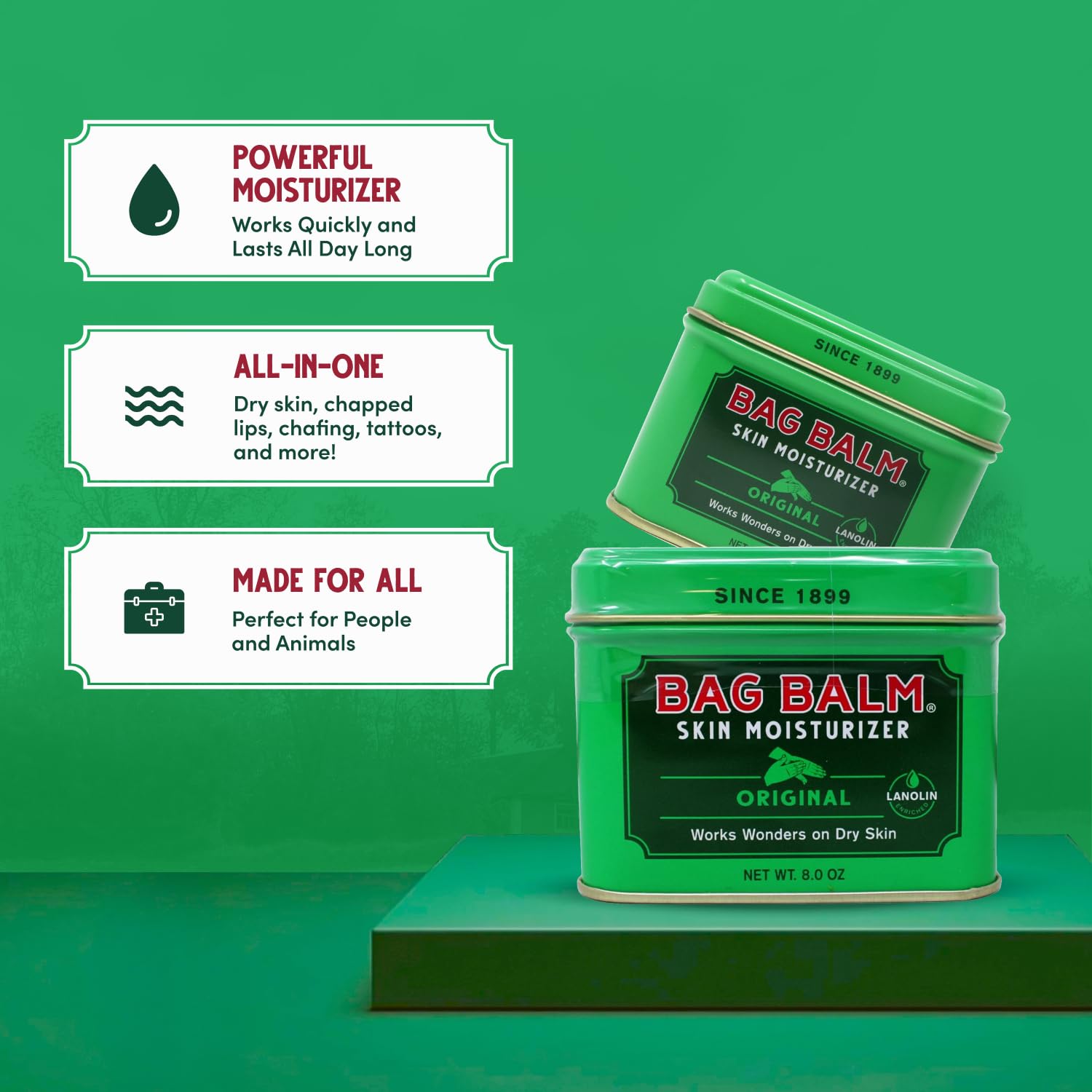 Three Bag Balm tins stacked to show the 3-pack value and storage convenience