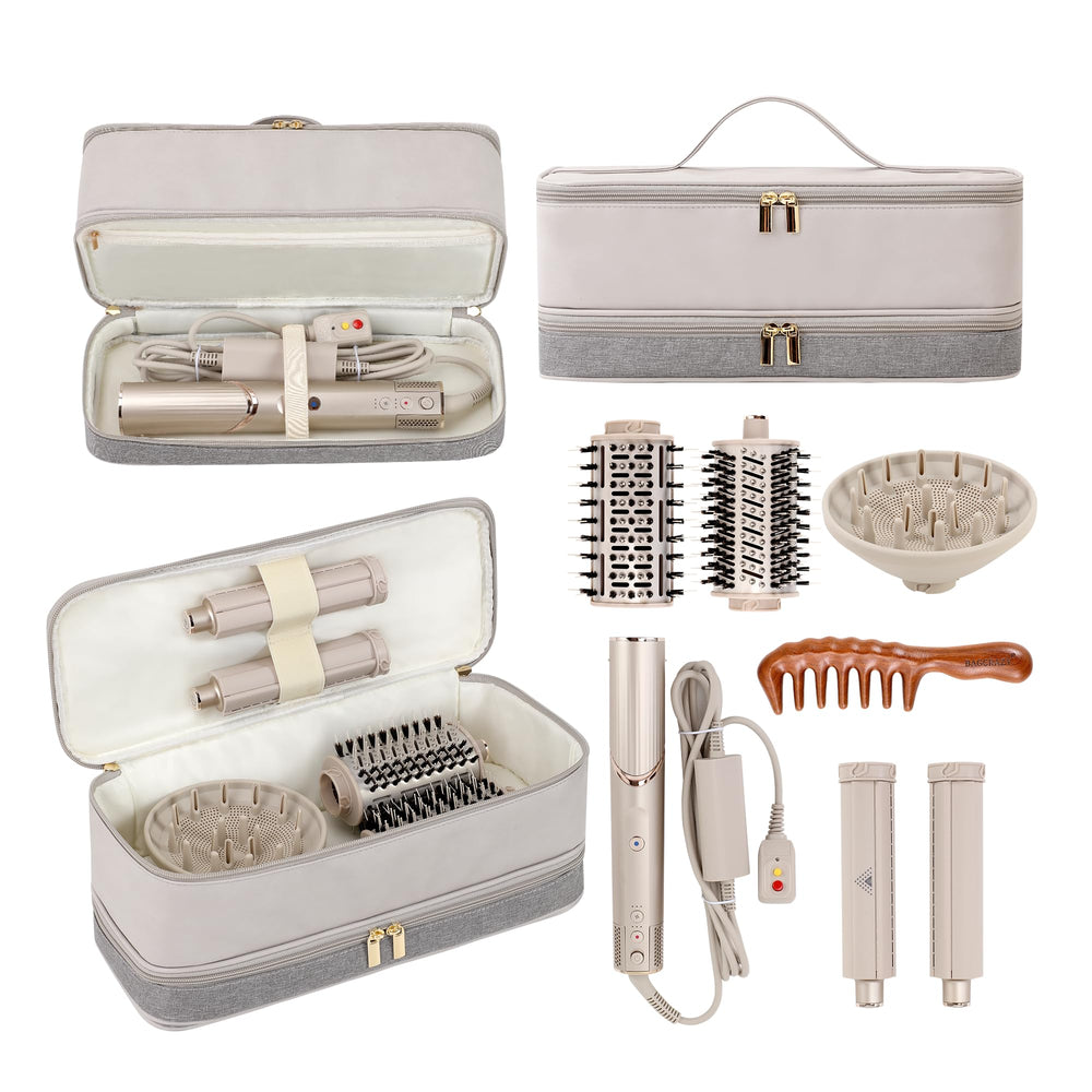 BAGCRAZY front view of gray beige travel case showing zippered compartments and handle