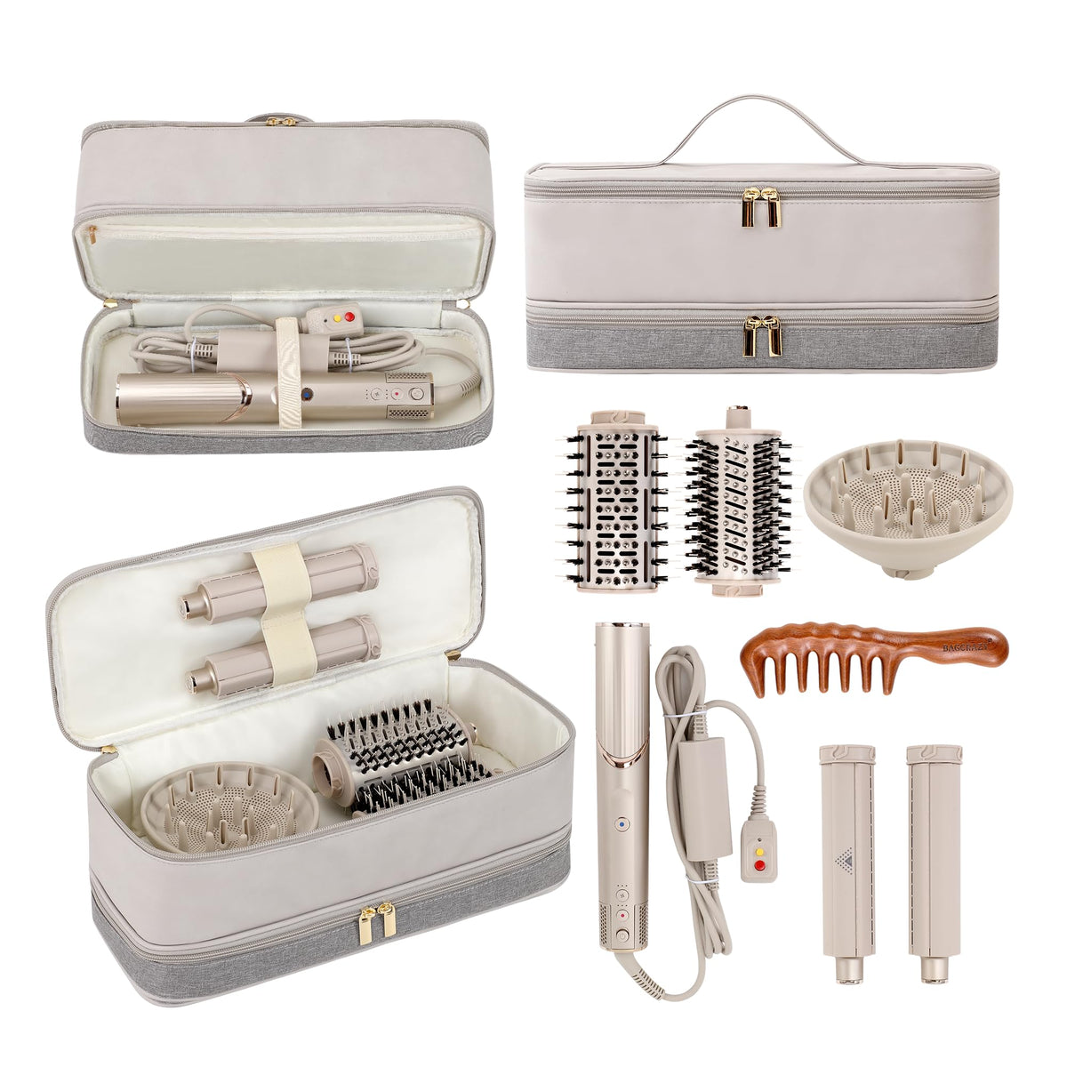 BAGCRAZY front view of gray beige travel case showing zippered compartments and handle